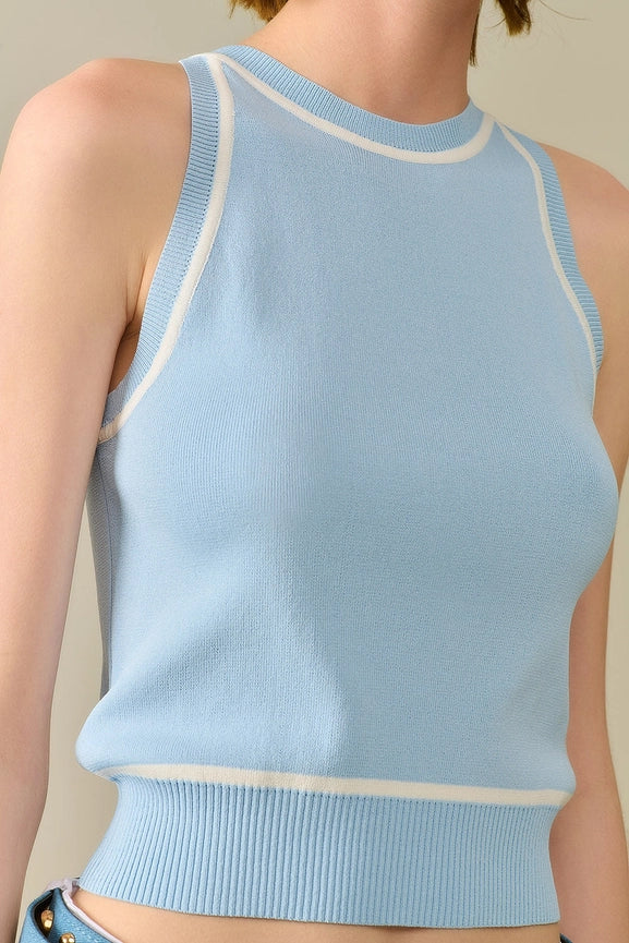 Sleeveless Sweater in Blue Featuring White Lines Detail-Sweater-Q2-One Size-BLUE-Urbanheer