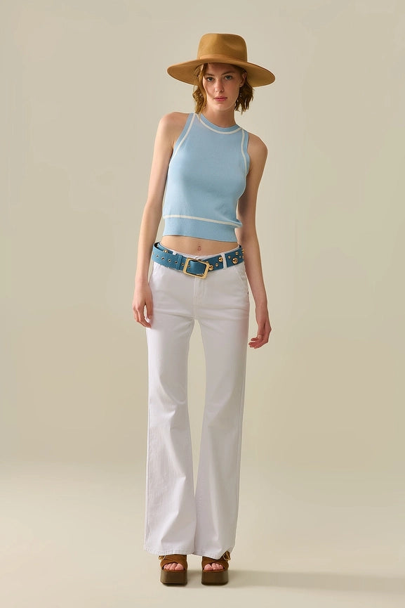 Sleeveless Sweater in Blue Featuring White Lines Detail-Sweater-Q2-One Size-BLUE-Urbanheer