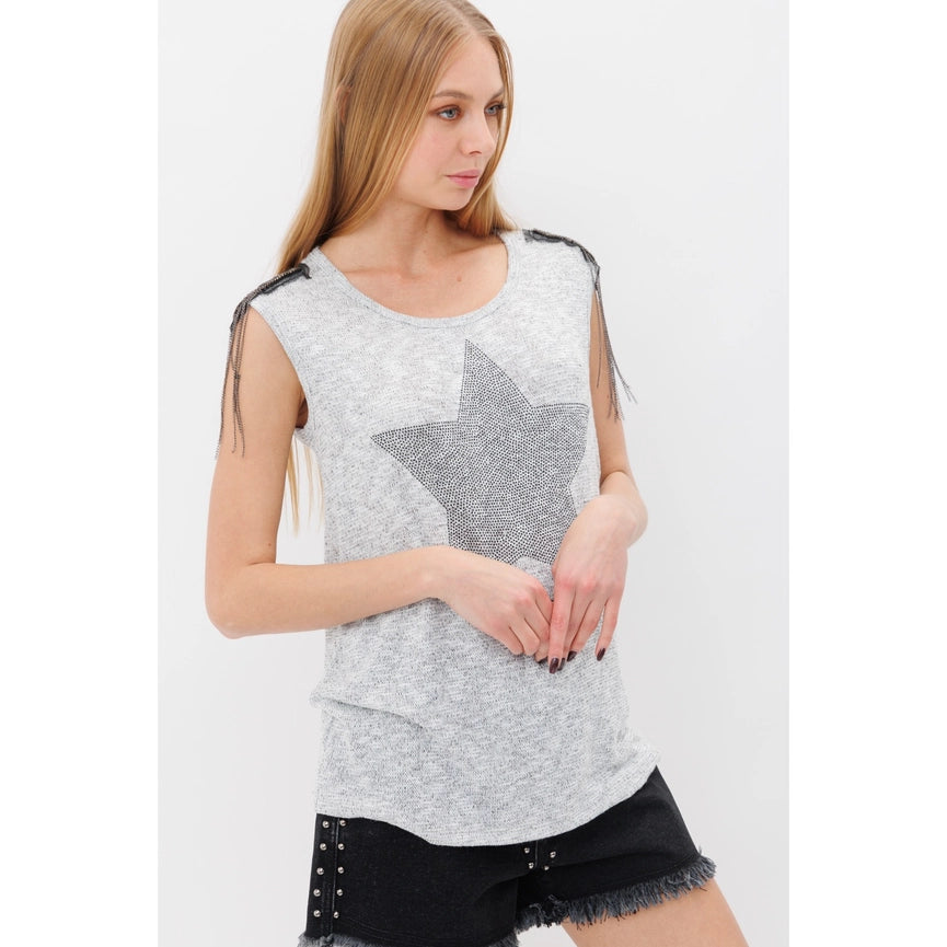 Sleeveless Top with Star Beads Fringes-Top-VOCAL-S-HEATHER GREY-Urbanheer