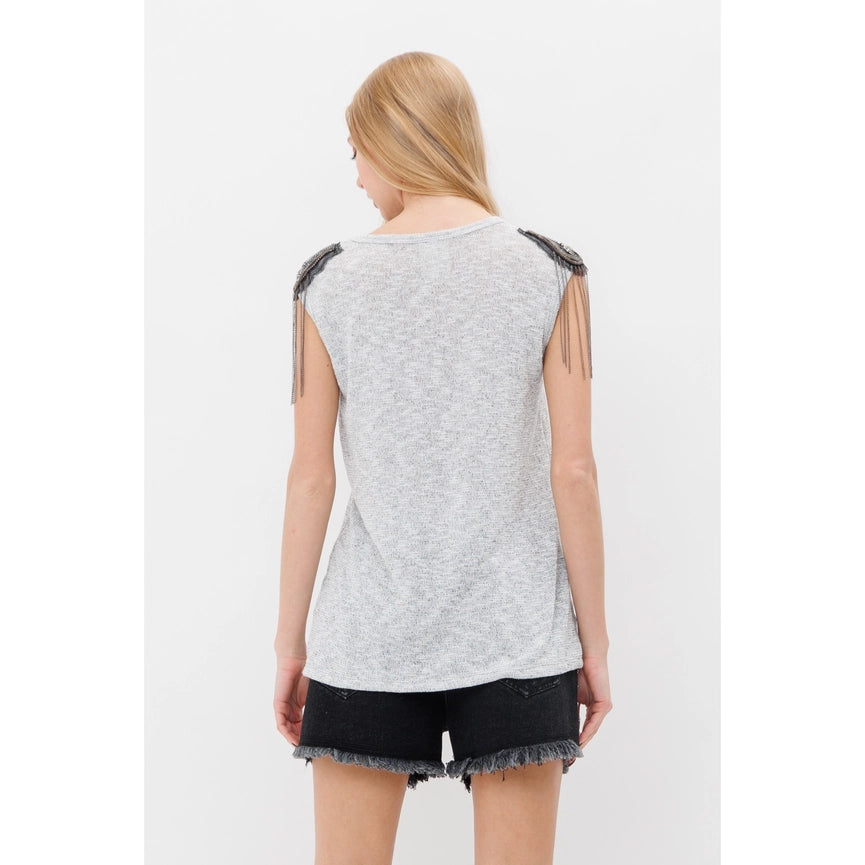 Sleeveless Top with Star Beads Fringes-Top-VOCAL-S-HEATHER GREY-Urbanheer