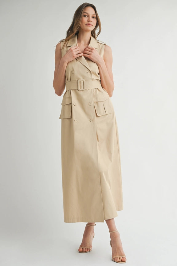 Sleeveless Trench Coat Dress-Dress-Endless Blu-S-IVORY COMBO-Urbanheer