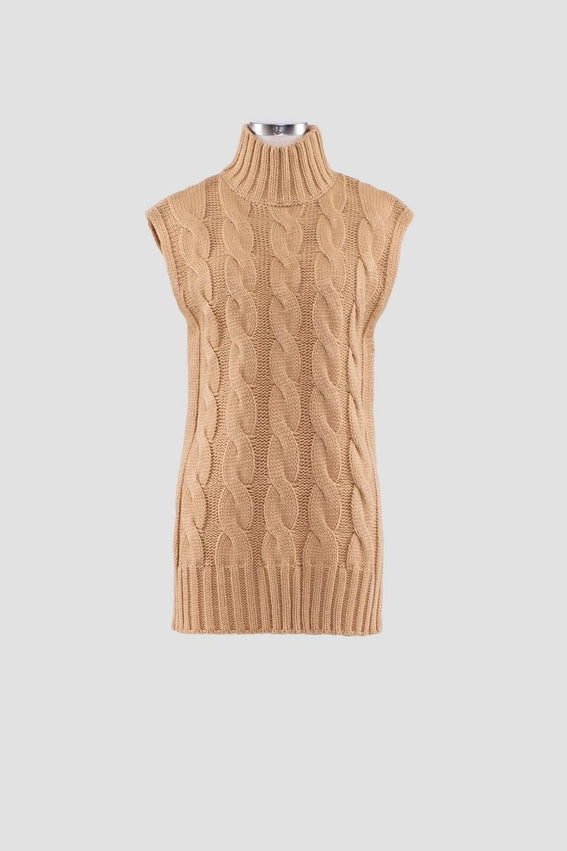 Sleeveless Turtleneck Cable Knit Sweater-Sweater-Moon River-XS-CAMEL-Urbanheer