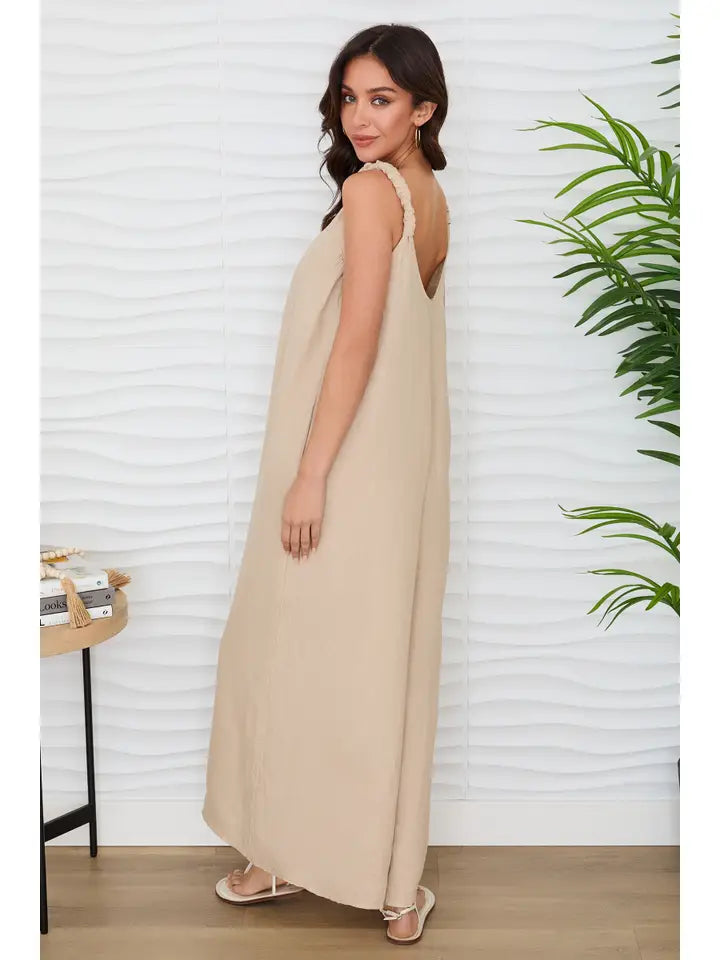 Sleeveless V-Neck Wide Leg Loose Jumpsuit Earth Beige-Jumpsuit-MILIO MILANO-XS-Earth Beige-Urbanheer