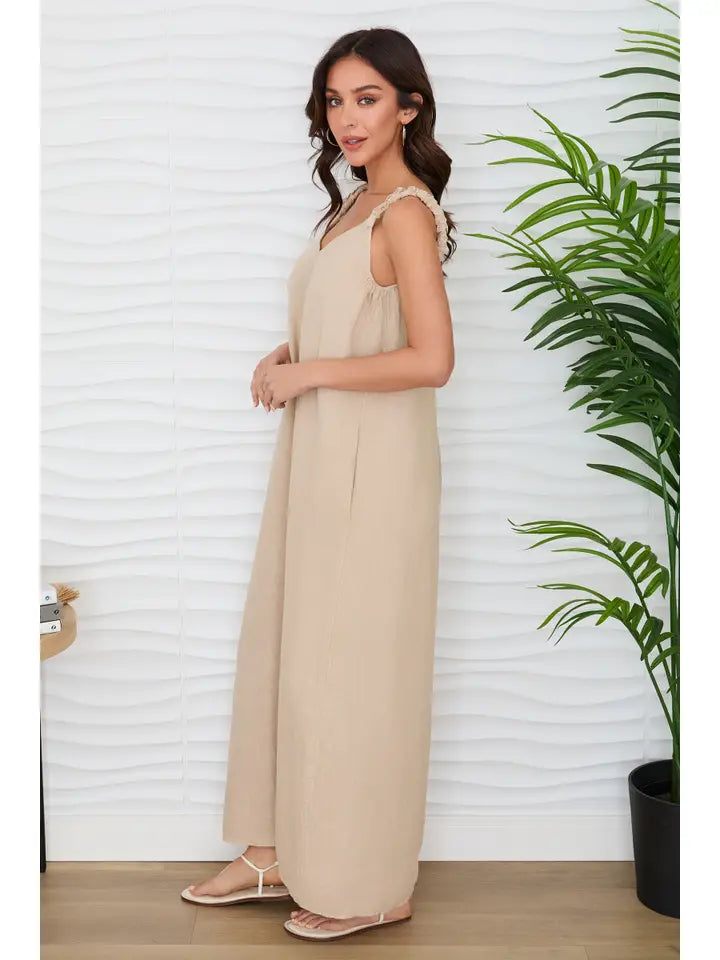 Sleeveless V-Neck Wide Leg Loose Jumpsuit Earth Beige-Jumpsuit-MILIO MILANO-XS-Earth Beige-Urbanheer
