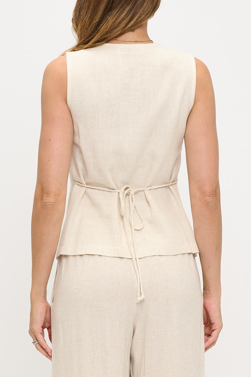 Sleeveless Vest with Buttons and Back Tie Detail-Tops-Reneecollection-Small-LINEN-Urbanheer