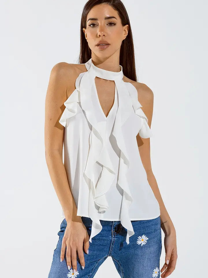 Sleeveless White Top with Ruffled Details and High Neck-Top-Q2-M-White-Urbanheer