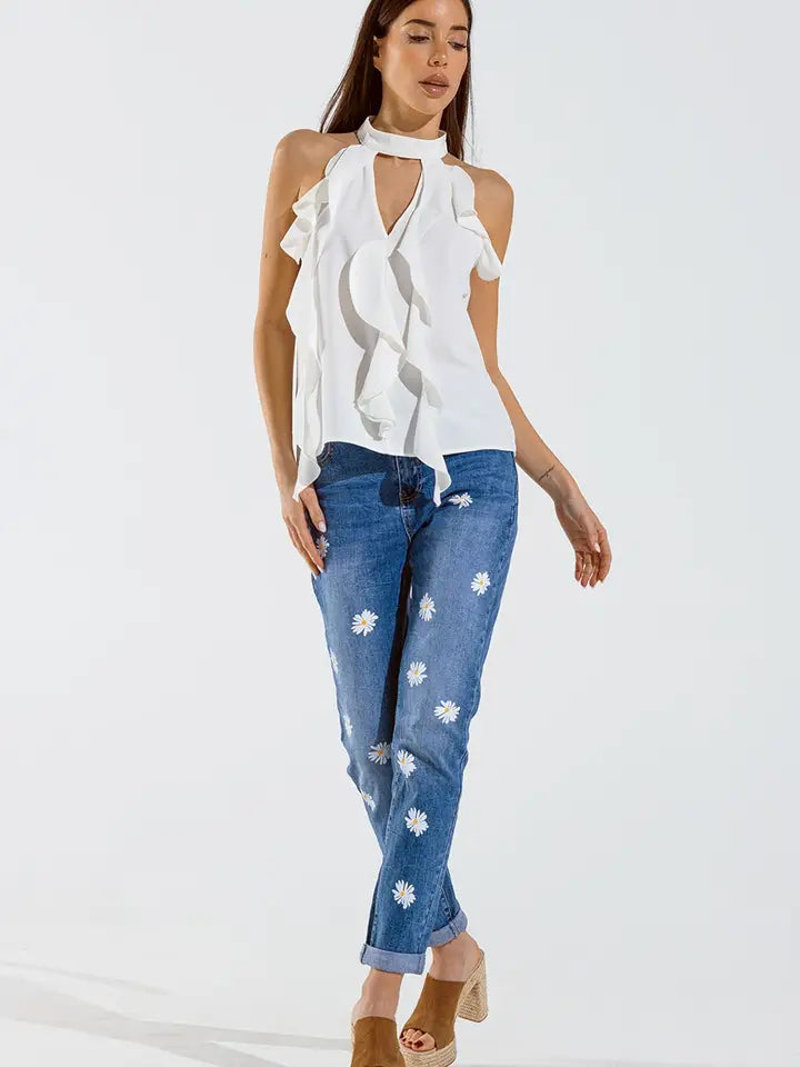 Sleeveless White Top with Ruffled Details and High Neck-Top-Q2-M-White-Urbanheer