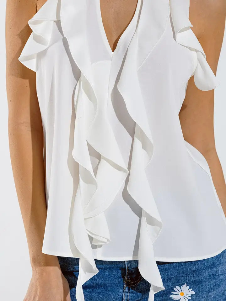 Sleeveless White Top with Ruffled Details and High Neck-Top-Q2-M-White-Urbanheer