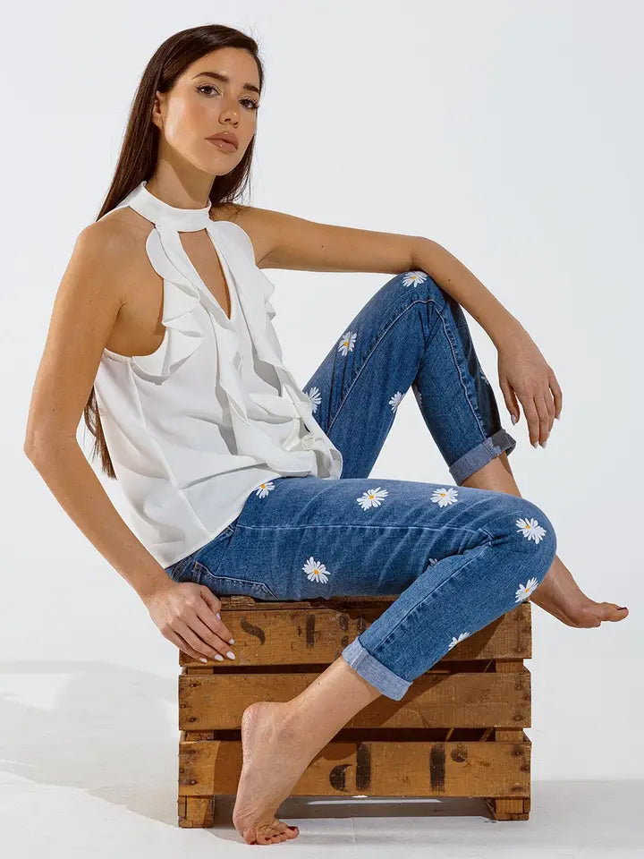 Sleeveless White Top with Ruffled Details and High Neck-Top-Q2-M-White-Urbanheer