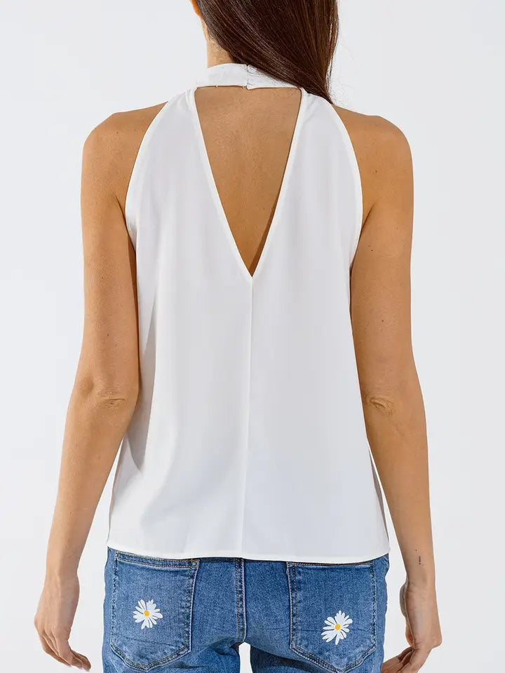 Sleeveless White Top with Ruffled Details and High Neck-Top-Q2-M-White-Urbanheer