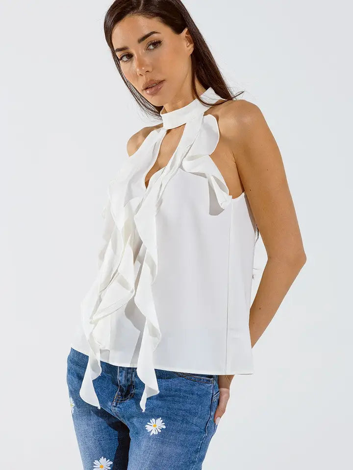 Sleeveless White Top with Ruffled Details and High Neck-Top-Q2-M-White-Urbanheer