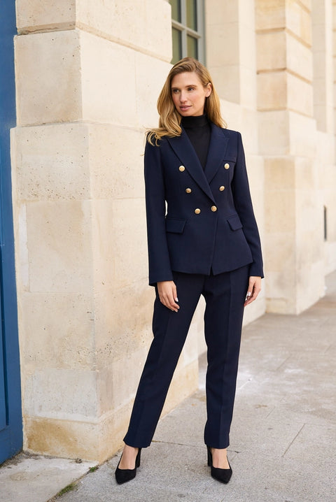 Slim Blazer Jacket With Gold Buttons Winter Material Navy Blue-Jacket-Attentif Paris-S-Urbanheer