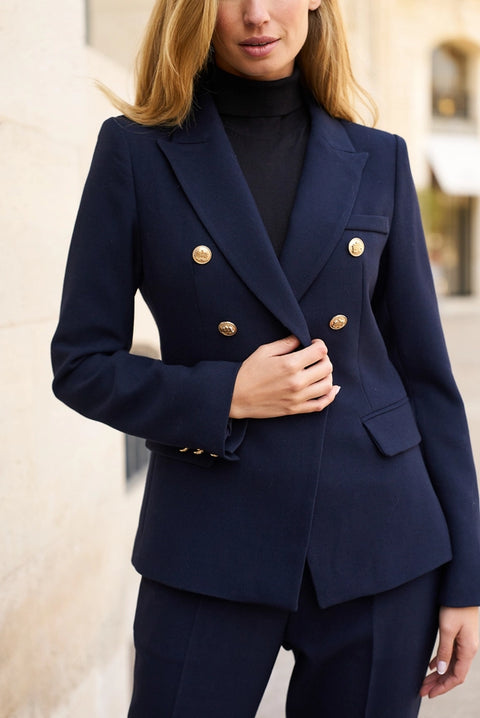Slim Blazer Jacket With Gold Buttons Winter Material Navy Blue-Jacket-Attentif Paris-S-Urbanheer