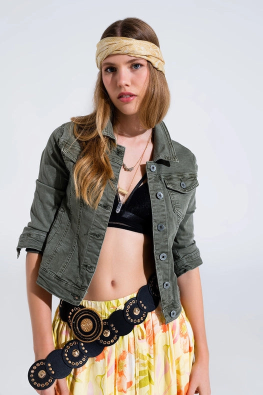 Slim Denim Trucker Jacket In Khaki-Jackets-Q2-S-Urbanheer