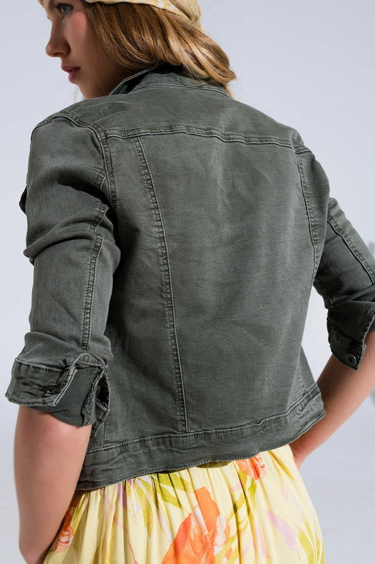 Slim Denim Trucker Jacket In Khaki-Jackets-Q2-S-Urbanheer