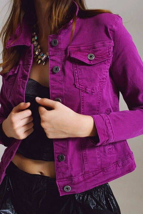 Slim Denim Trucker Jacket in Magenta-Jacket-Q2-S-Fuchsia-Urbanheer