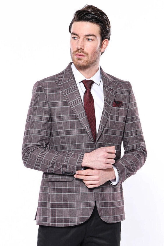 Slim-Fit Checked Burgundy Men Blazer-Blazer-Wessi-36-Burgundy-Urbanheer