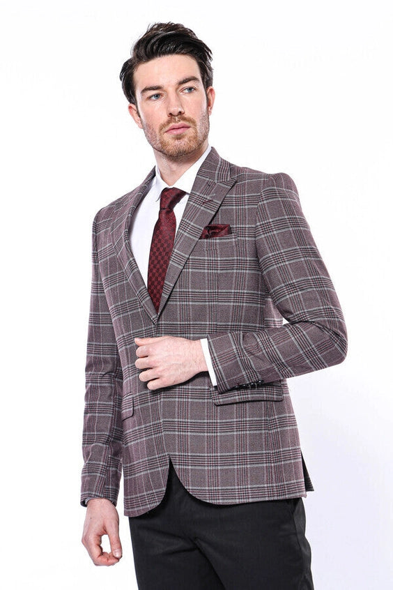 Slim-Fit Checked Burgundy Men Blazer-Blazer-Wessi-36-Burgundy-Urbanheer