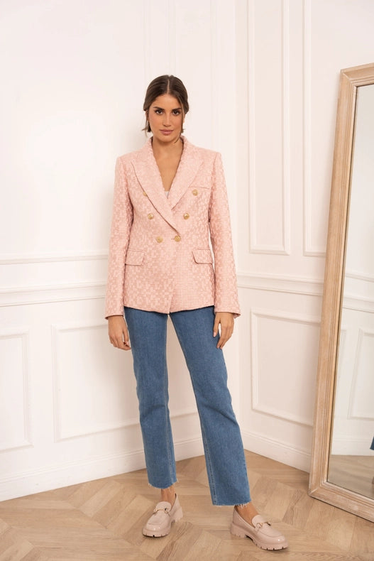 Slim Tweed Blazer Jacket with Gold Stripes Pink