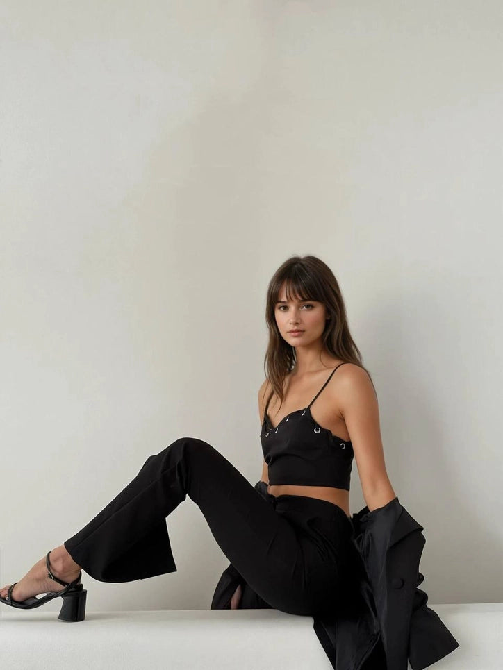 Slit Skinny Pants Crop Top & Jacket Set - Black