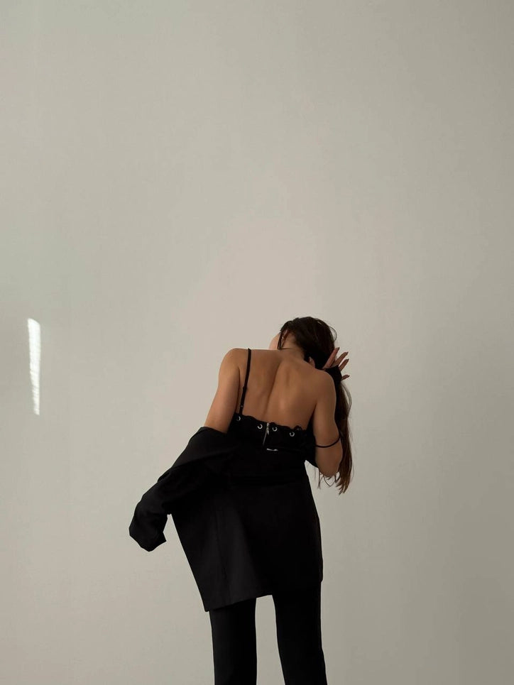 Slit Skinny Pants Crop Top & Jacket Set - Black