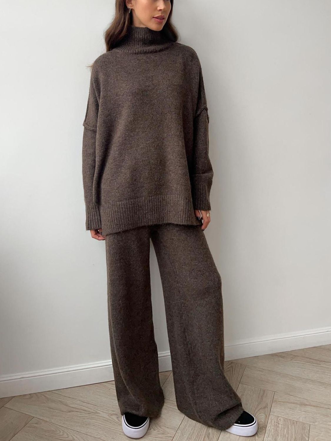 Slit Turtleneck Long Sleeve Top and Pants Sweater Set-Street 360-Coffee Brown-One Size-Urbanheer