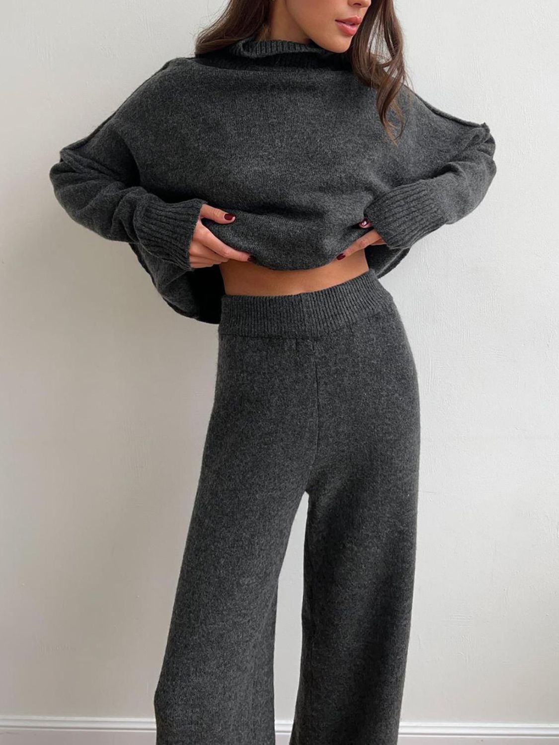 Slit Turtleneck Long Sleeve Top and Pants Sweater Set-Street 360-Dark Gray-One Size-Urbanheer