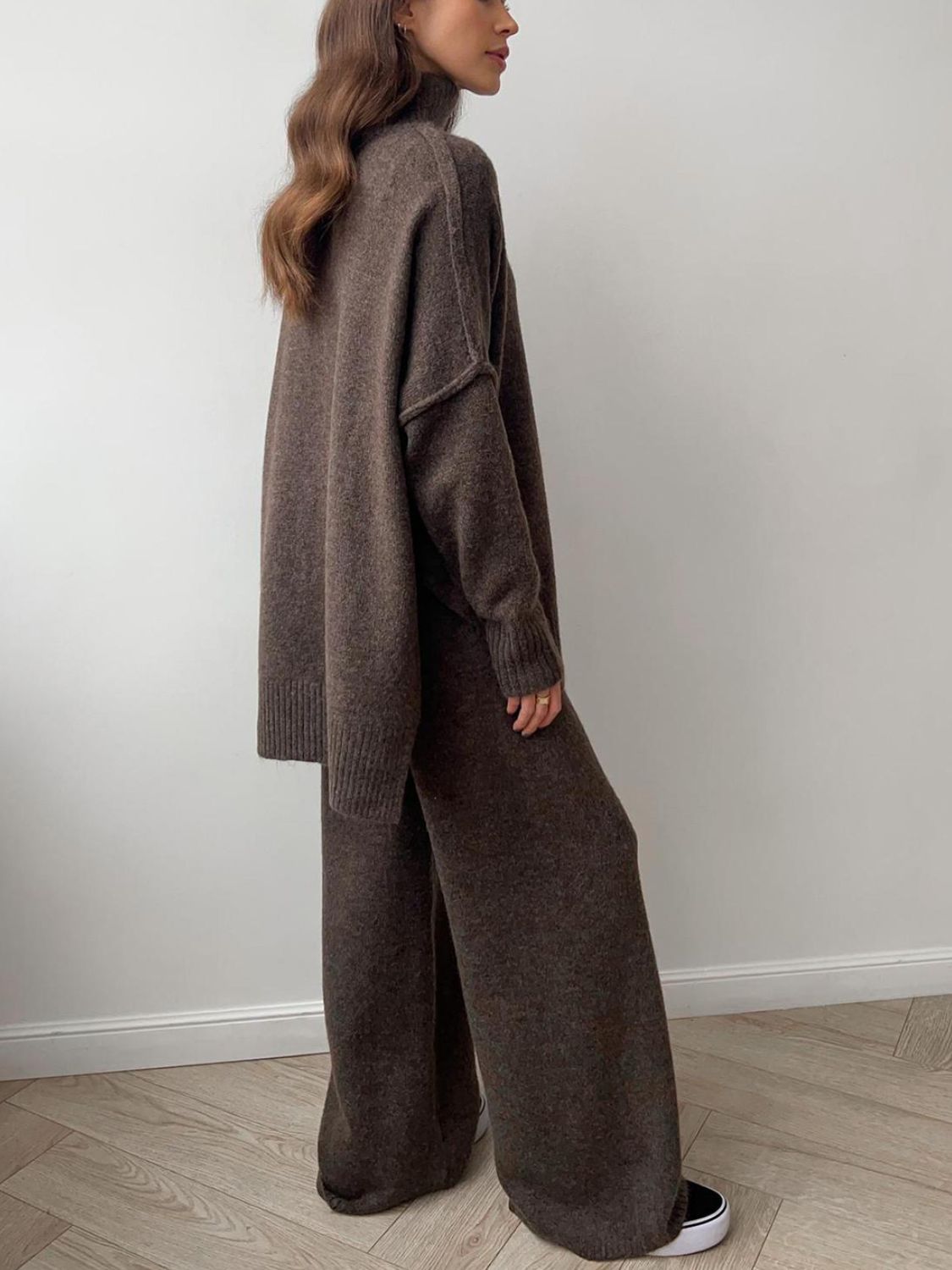 Slit Turtleneck Long Sleeve Top and Pants Sweater Set-Street 360-Taupe-One Size-Urbanheer
