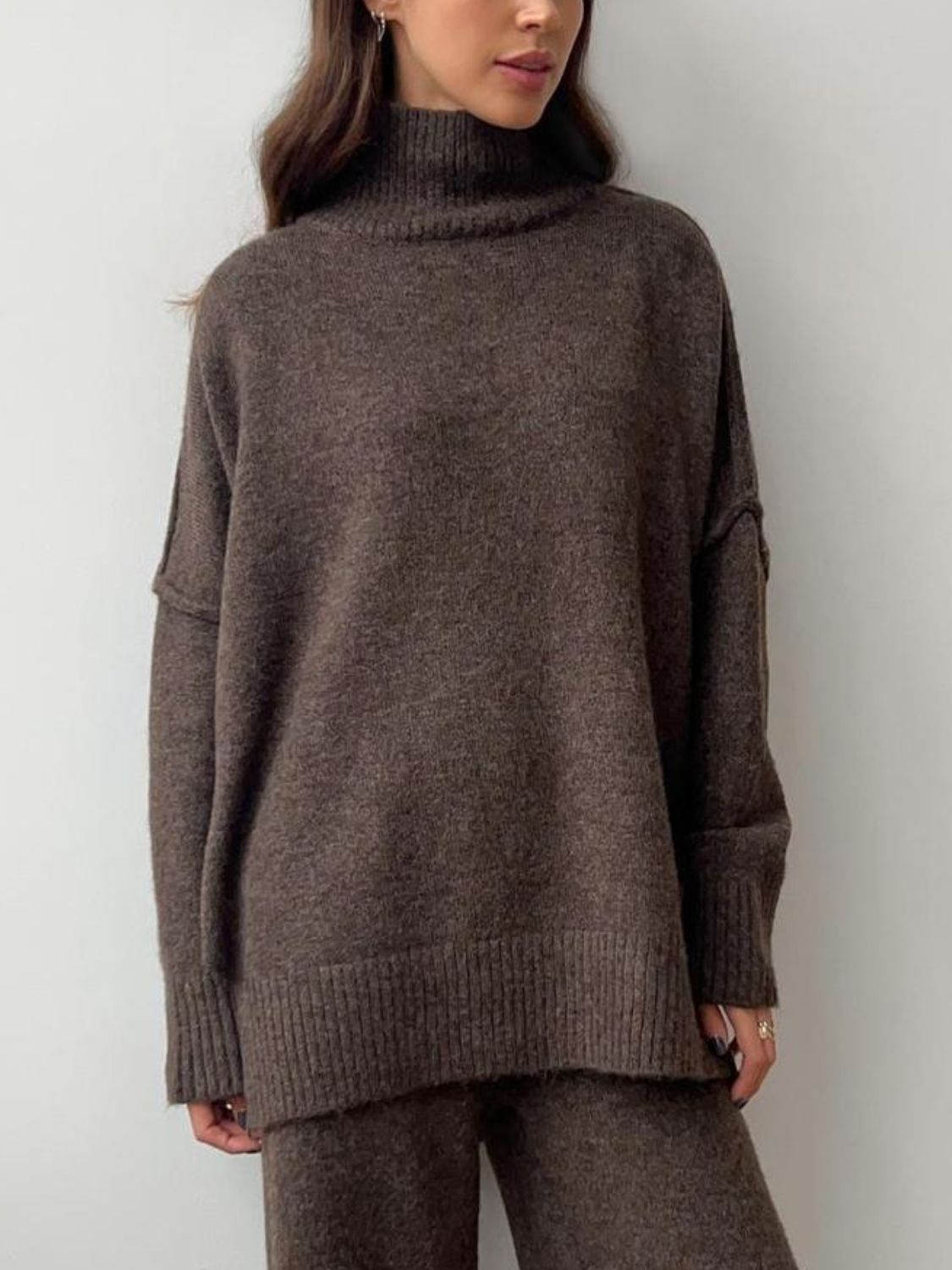 Slit Turtleneck Long Sleeve Top and Pants Sweater Set-Street 360-Taupe-One Size-Urbanheer