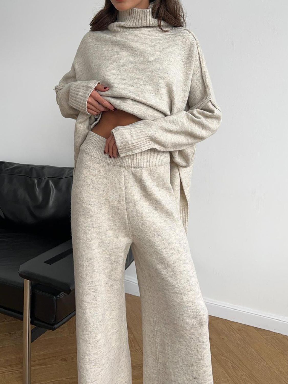 Slit Turtleneck Long Sleeve Top and Pants Sweater Set-Street 360-Taupe-One Size-Urbanheer