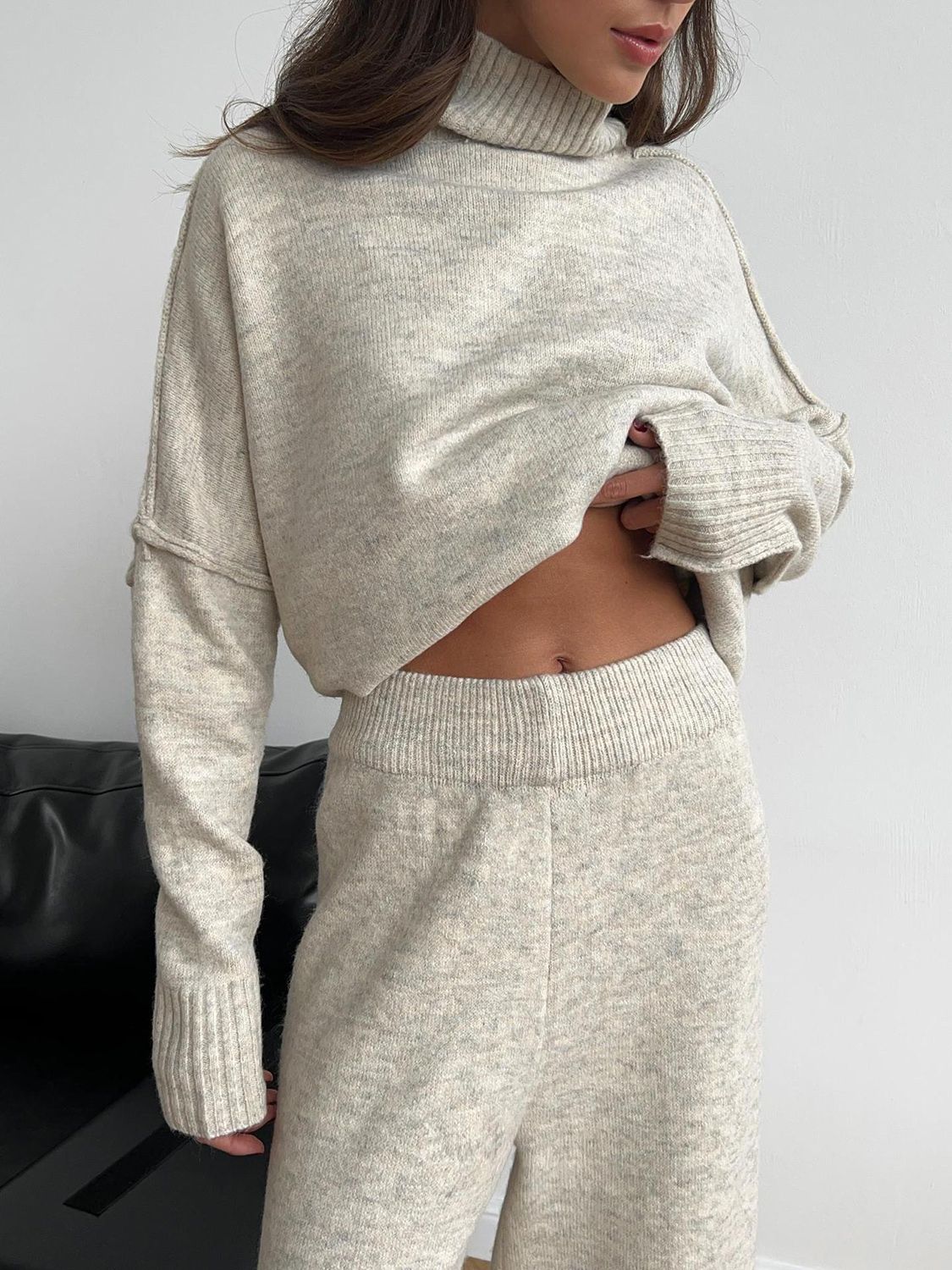 Slit Turtleneck Long Sleeve Top and Pants Sweater Set-Street 360-Taupe-One Size-Urbanheer