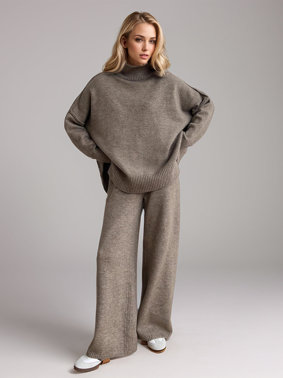 Slit Turtleneck Long Sleeve Top and Pants Sweater Set-Street 360-Taupe-One Size-Urbanheer