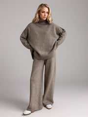 Slit Turtleneck Long Sleeve Top and Pants Sweater Set-Street 360-Taupe-One Size-Urbanheer