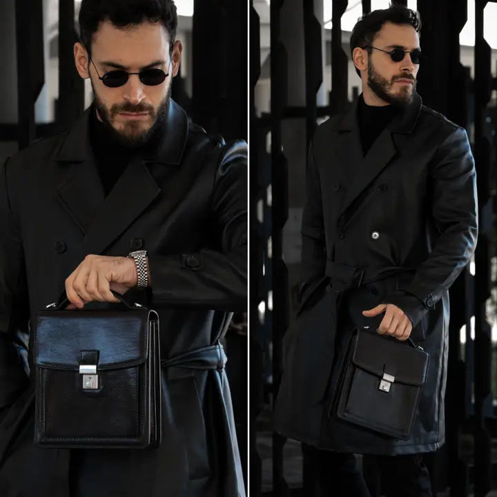 Small Leather Briefcase For Men, Unisex - Walden Black-Briefcase-Time Resistance-Black-Urbanheer