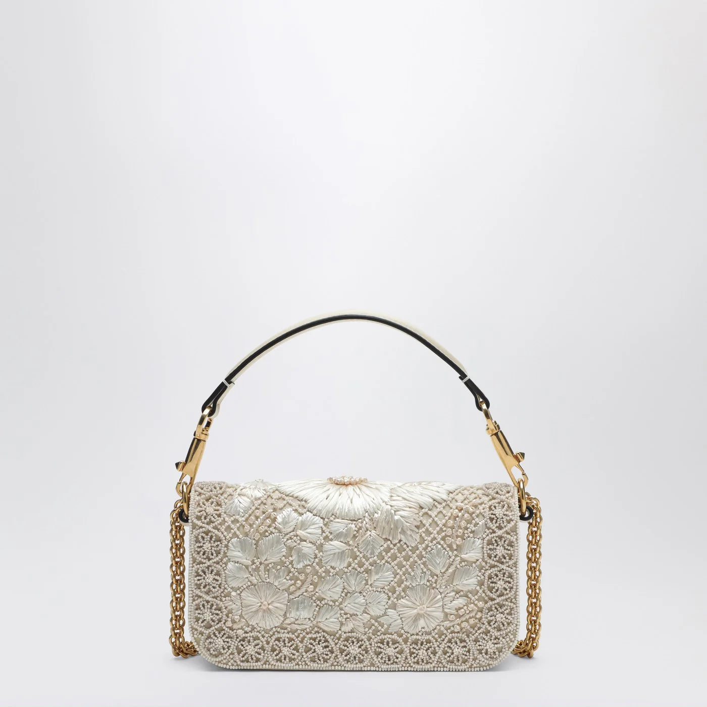 Small Moiré Fabric Bag with VLogo Jewel for Everyday Use