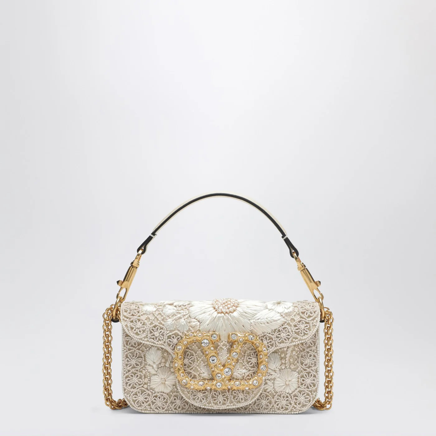 Small Moiré Fabric Bag with VLogo Jewel for Everyday Use