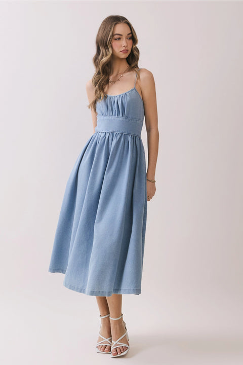Smocked Back Denim Midi Dress