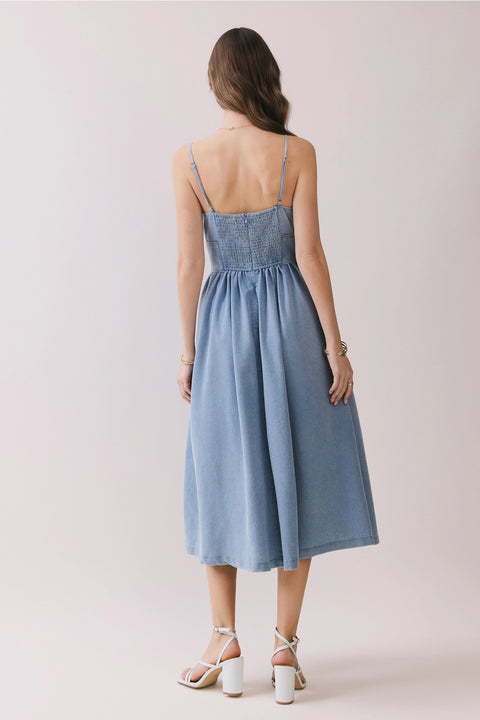 Smocked Back Denim Midi Dress