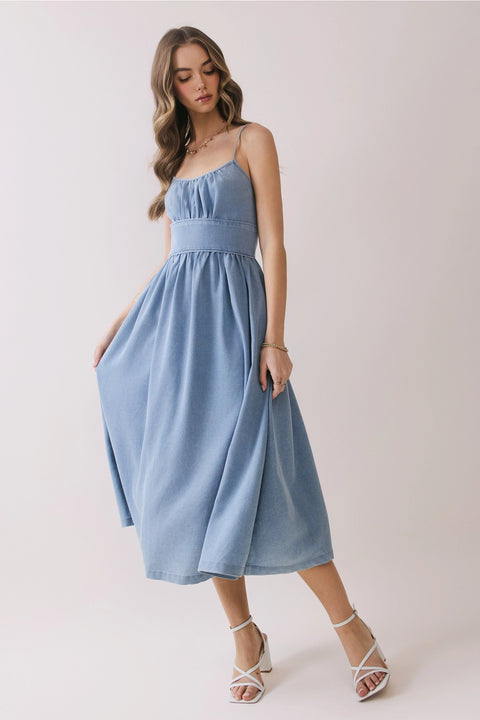 Smocked Back Denim Midi Dress