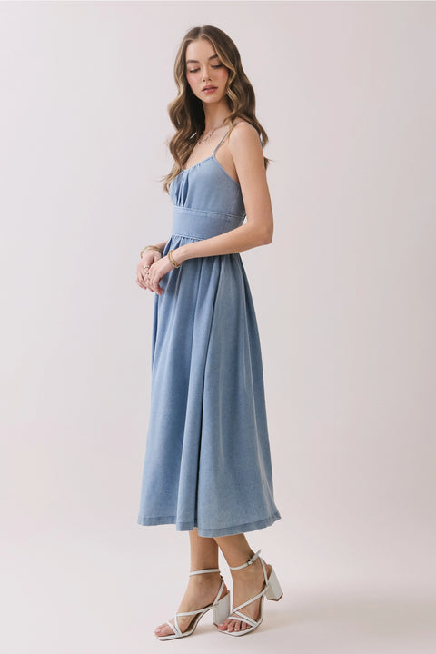 Smocked Back Denim Midi Dress