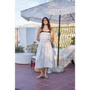 Smocked Cotton Midi Dress with Contrast Neck OFF WHITE/BLACK-Dress-idem ditto-S-OFF WHITE/BLACK-Urbanheer