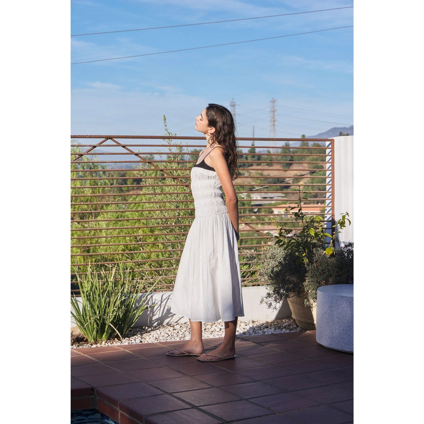 Smocked Cotton Midi Dress with Contrast Neck OFF WHITE/BLACK-Dress-idem ditto-S-OFF WHITE/BLACK-Urbanheer