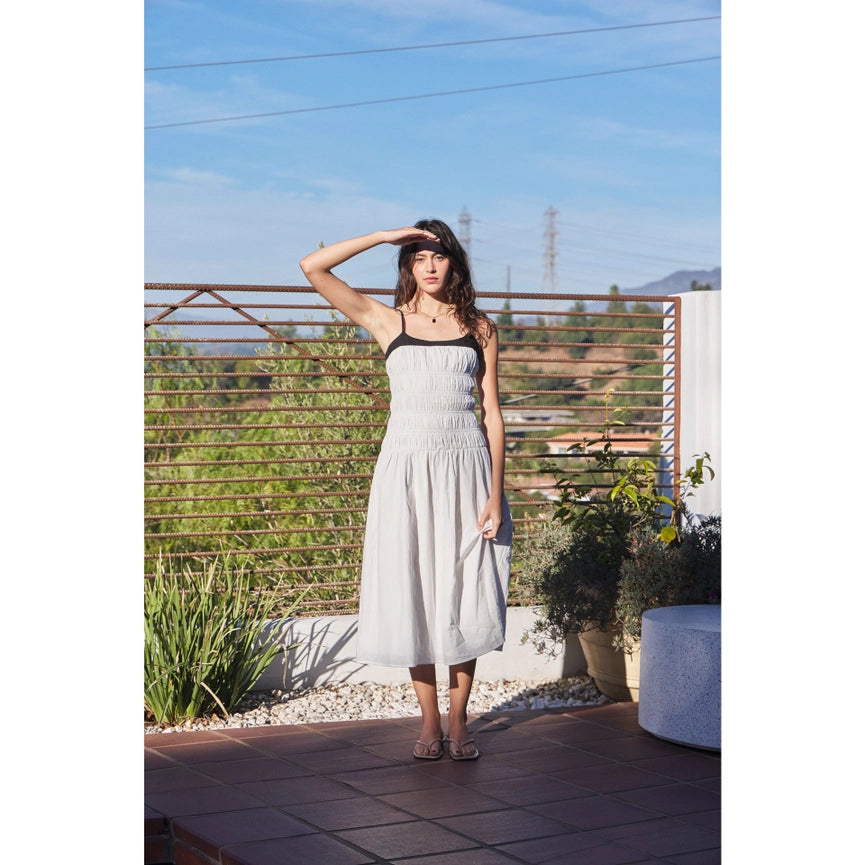 Smocked Cotton Midi Dress with Contrast Neck OFF WHITE/BLACK-Dress-idem ditto-S-OFF WHITE/BLACK-Urbanheer
