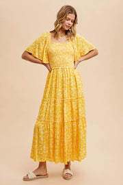 Smocked Floral Square Neck Maxi Dress BUTTER YELLOW-Dress-In Loom-S-BUTTER YELLOW-Urbanheer