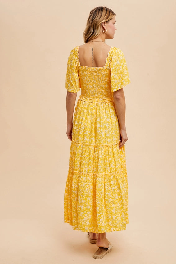 Smocked Floral Square Neck Maxi Dress BUTTER YELLOW-Dress-In Loom-S-BUTTER YELLOW-Urbanheer