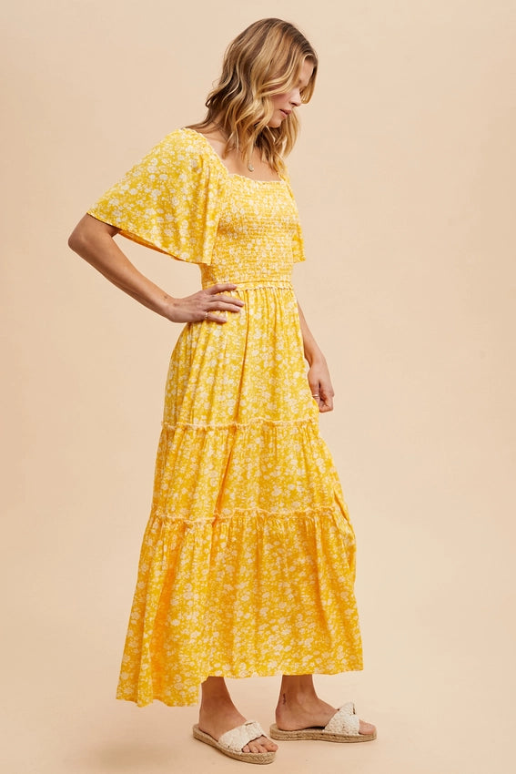 Smocked Floral Square Neck Maxi Dress BUTTER YELLOW-Dress-In Loom-S-BUTTER YELLOW-Urbanheer