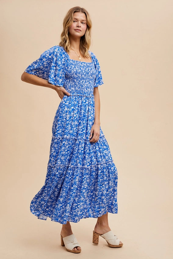 Smocked Floral Square Neck Maxi Dress FRENCH BLUE-Dress-In Loom-S-FRENCH BLUE-Urbanheer