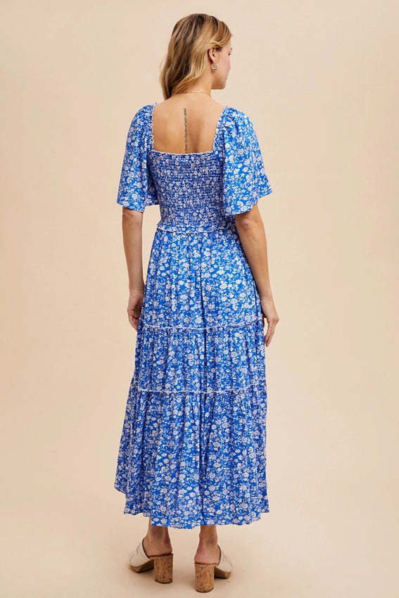 Smocked Floral Square Neck Maxi Dress FRENCH BLUE-Dress-In Loom-S-FRENCH BLUE-Urbanheer