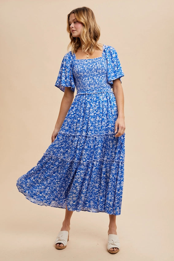 Smocked Floral Square Neck Maxi Dress FRENCH BLUE-Dress-In Loom-S-FRENCH BLUE-Urbanheer