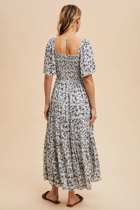 Smocked Floral Square Neck Maxi Dress OFF WHITE-Dress-In Loom-S-OFF WHITE-Urbanheer